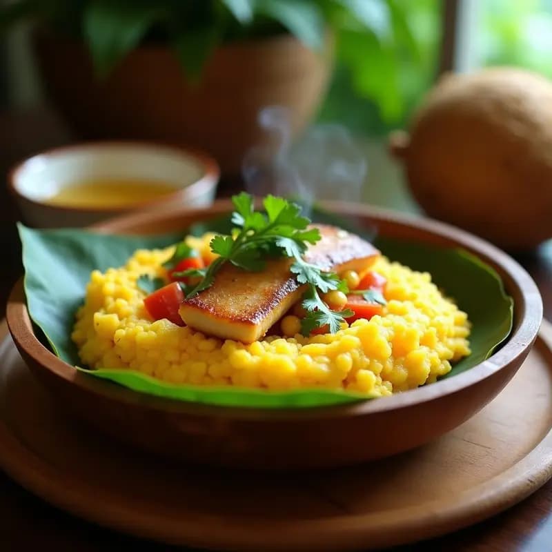 Plato de mofongo de Ñame dorado con trozos de bacalao ahumado desmenuzado, servido en molde tradicional de madera, acompañado de caldo ligero y hierbas frescas, receta puertorriqueña en olla exprés.