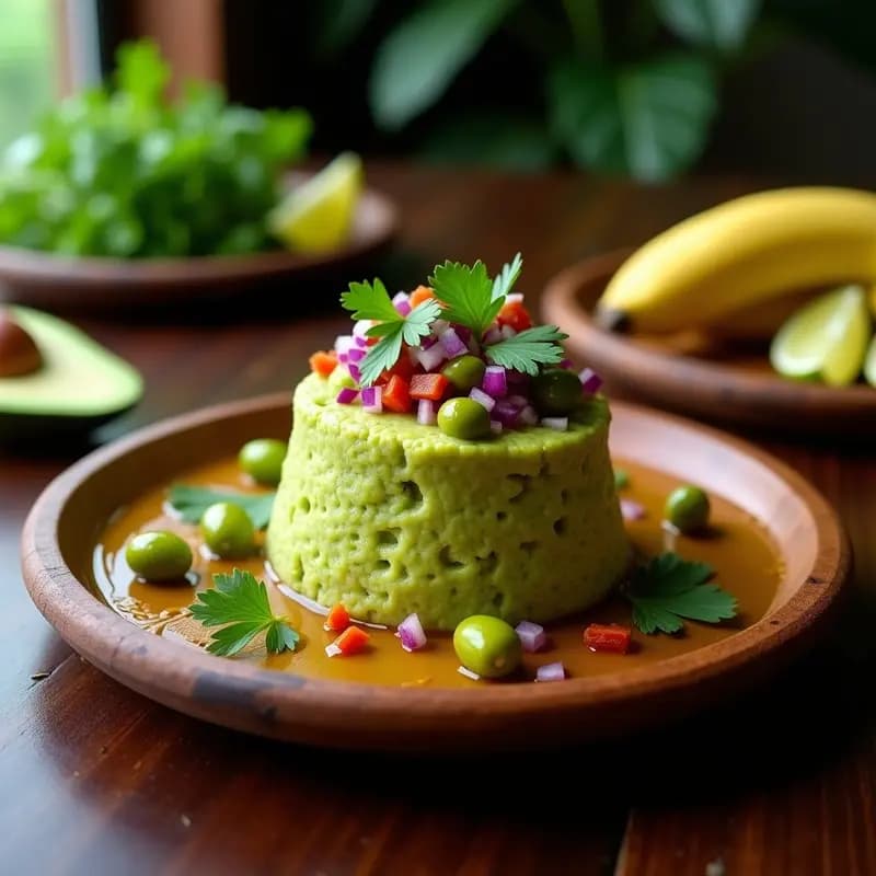 Plato de mofongo puertorriqueño vegano con plátano verde machacado, crema de aguacate verde y salsa dorada de almendras, decorado con cilantro fresco y rodajas de limón sobre fondo rústico de madera.