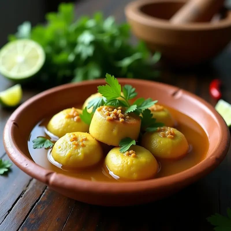 Plato hondo de barro con mofongo de plátano verde en forma de cup relleno de ancova desmenuzada, bañado en caldo de mariscos dorado. Decorado con cilantro fresco y rodajas de limón, sobre fondo rústico de madera con utensilios de cocina tradicionales puertorriqueños.