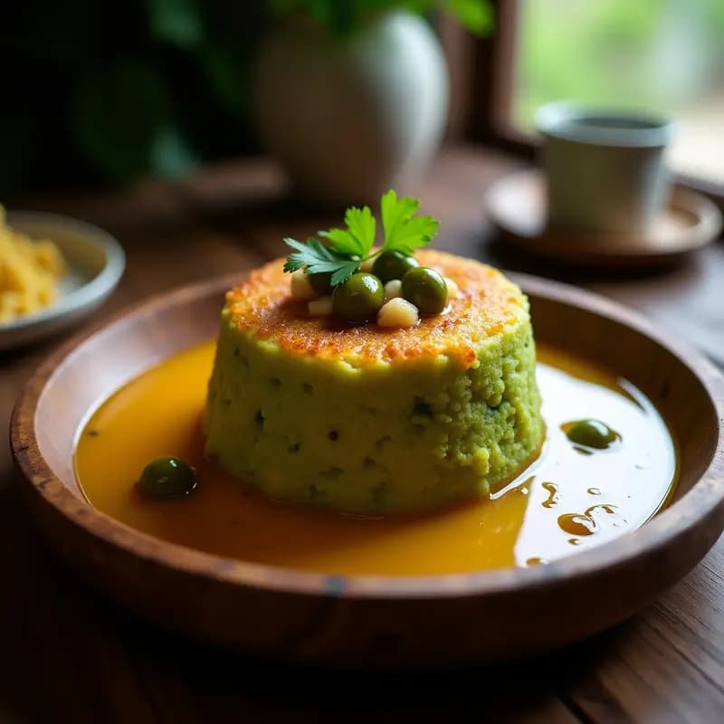 Plato tradicional puertorriqueño de mofongo de plátano verde y bacalao desalado, servido en mortero de madera con sofrito de bacalao, aceitunas y cilantro fresco, acompañado de caldo de pescado brillante.