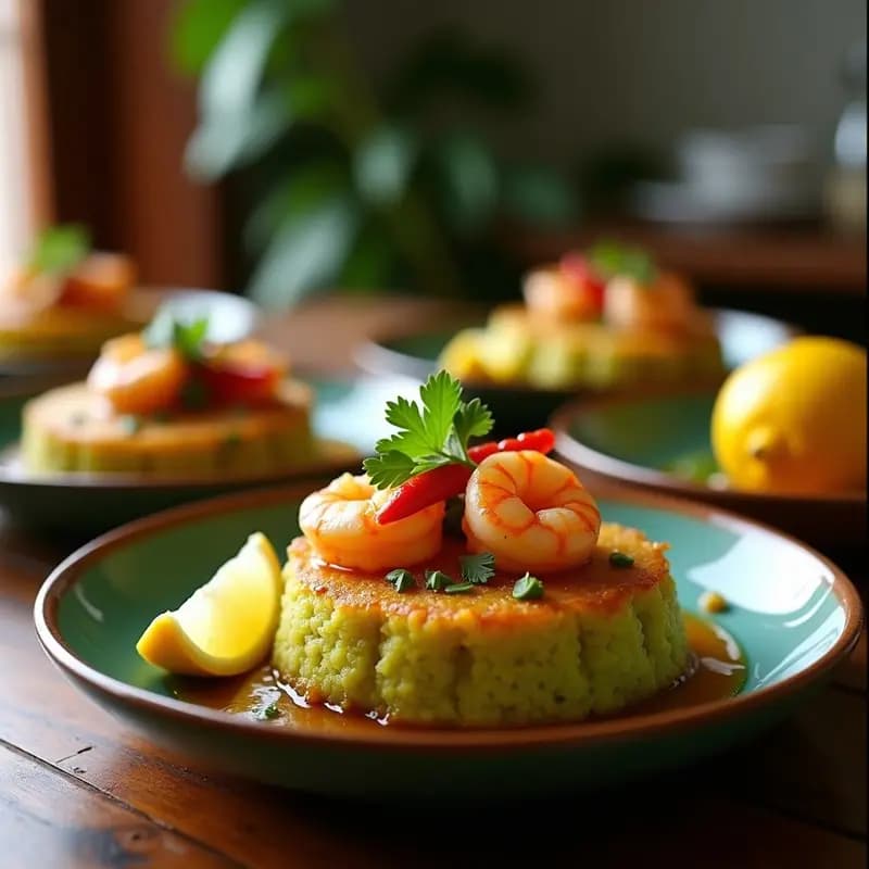 Plato de mofongo de plátano verde con camarones al ajillo, receta puertorriqueña sin gluten, servido en cuencos de plátano frito rellenos de camarones jugosos y salsa de ajo.