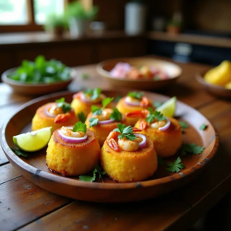 Plato de madera rústico con mofongo de plátano verde dorado y crujiente, relleno de camarones salteados al ajillo con cebolla morada y jalapeños, decorado con cilantro fresco y rodajas de limón, receta puertorriqueña tradicional en mortero.