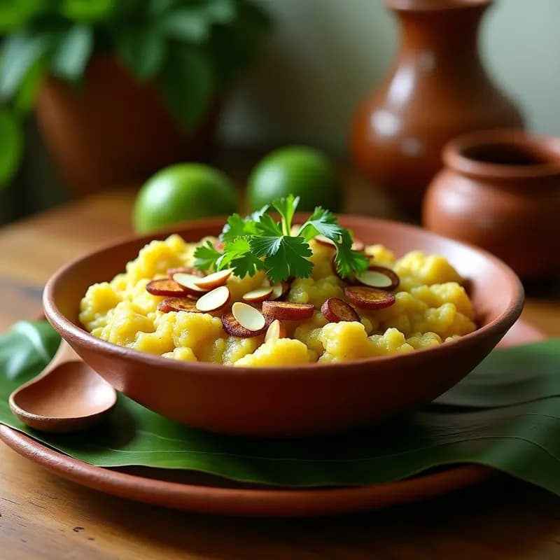 Plato de mofongo vegano con plátano verde y camusas, servido en mortero de madera con decoración de cilantro fresco y rodajas de limón, acompañando de salsa criolla en un bol pequeño.