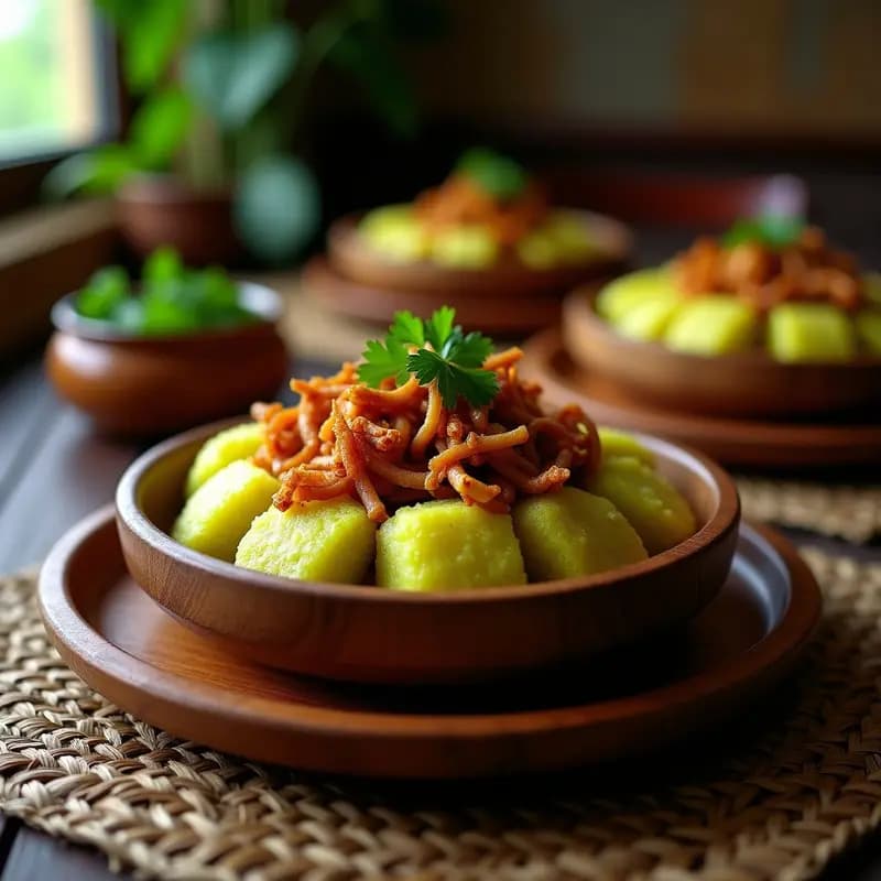 Plato de mofongo puertorriqueño de plátano verde y cerdo desmenuzado, con textura rústica y dorada, decorado con cilantro fresco y gajos de limón verde sobre fondo de madera oscura.