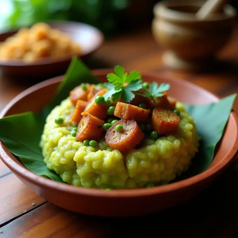 Plato hondo de barro con mofongo puertorriqueño de plátano verde machacado, coronado con trozos dorados de chicharrón crujiente y sofrito de ajo, cebolla y culantro. Textura rústica y color verde intenso del plátano, acompañada de un fondo de hoja de plátano.