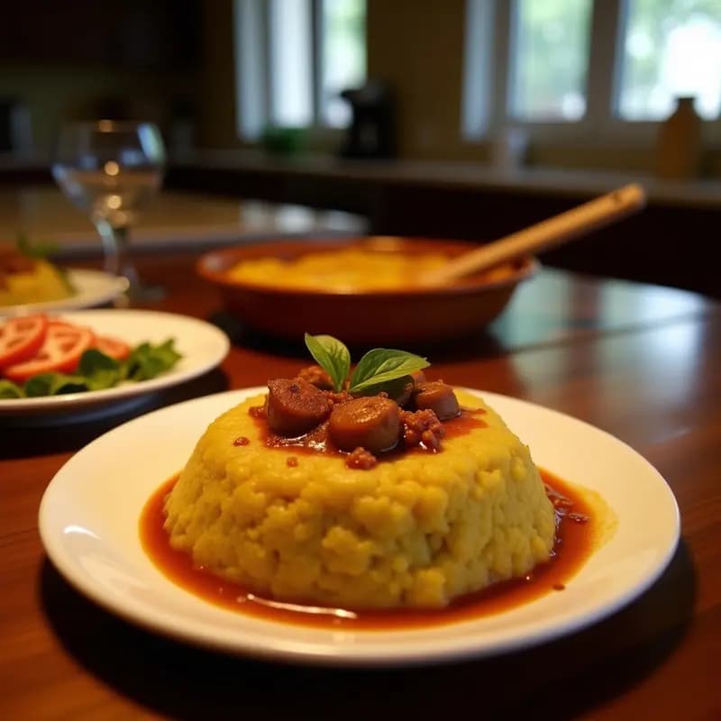 Plato de madera rústico con porciones de mofongo de plátano verde y chorizo criollo, decorado con hojas de cilantro fresco y un chorrito de aceite de oliva, receta puertorriqueña tradicional en mortero.