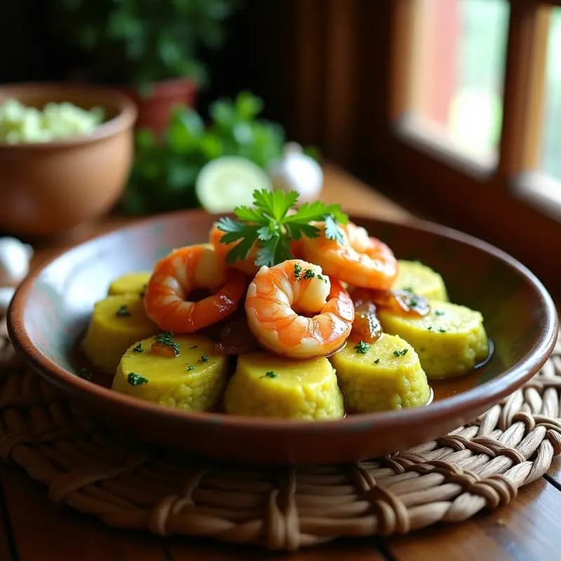 Plato hondo de barro con porciones de mofongo puertorriqueño de plátano verde, coronadas con camarones al ajo brillantes y dorados, decorados con hojas de cilantro fresco. Fondo rústico con ingredientes como ajos, limones y chicharrón al lado.