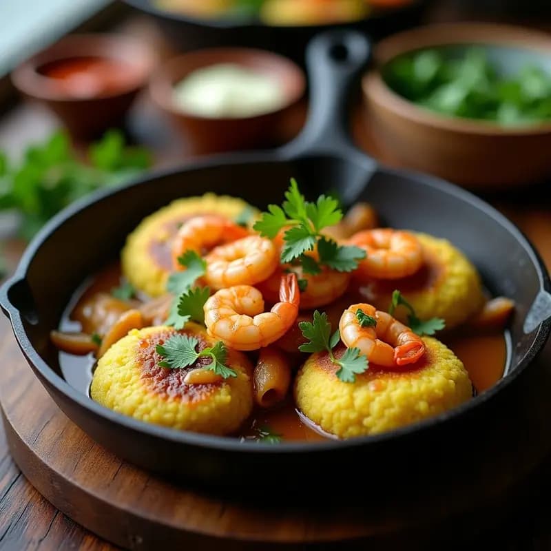 Plato de mofongo de plátano verde dorado y crujiente en sartén, coronado con garnelos salteados y cilantro fresco, receta puertorriqueña tradicional.