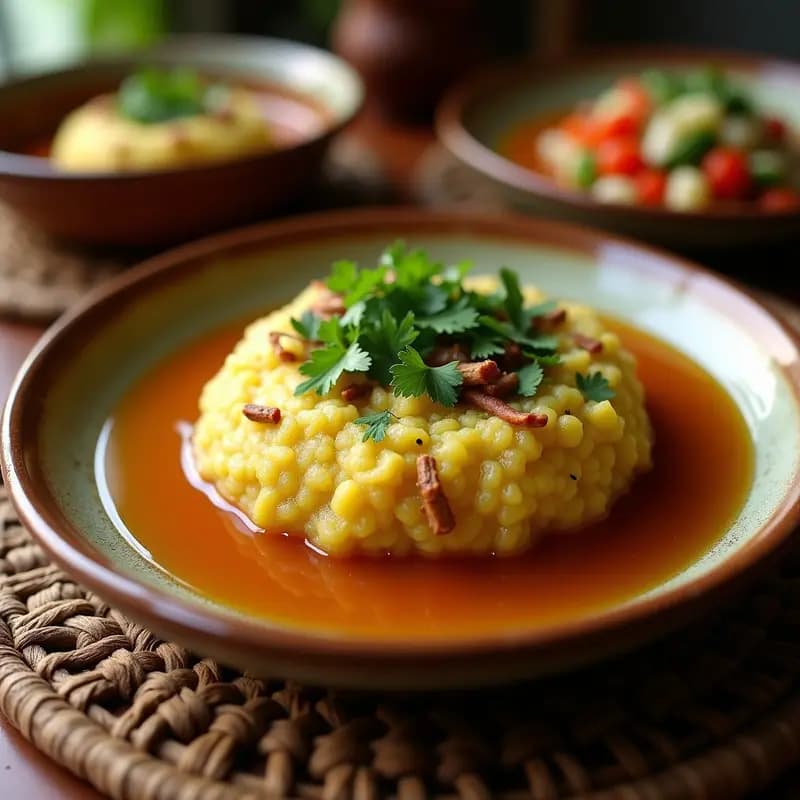 Plato hondo de barro con mofongo puertorriqueño de plátano verde machacado, relleno de cerdo desmenuzado en salsa de caldo de pollo espeso, decorado con aceitunas y culantro fresco.