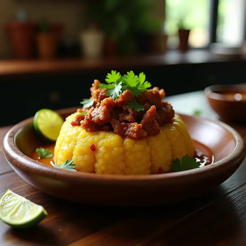 Plato tradicional puertorriqueño de mofongo con plátano macho y cerdo, servido en mortero de madera con guiso de carne, chicharrón crujiente y cilantro fresco, receta alta en carbohidratos.