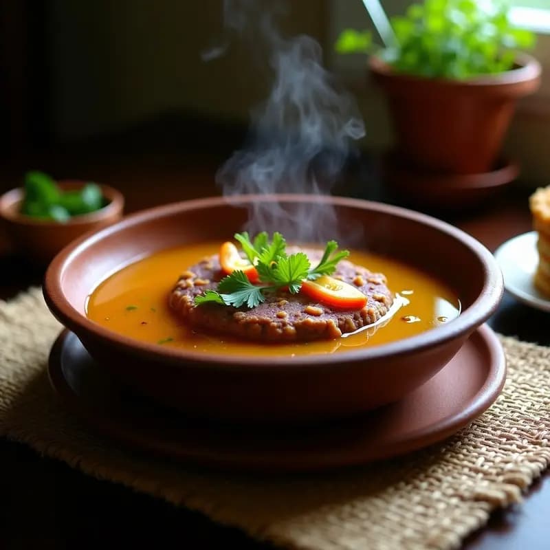 Plato hondo de barro con mofongo de yautía y bacalao, bañado en caldo de pescado dorado, decorado con cilantro fresco y rodajas de chile dulce sobre mesa rústica de madera.