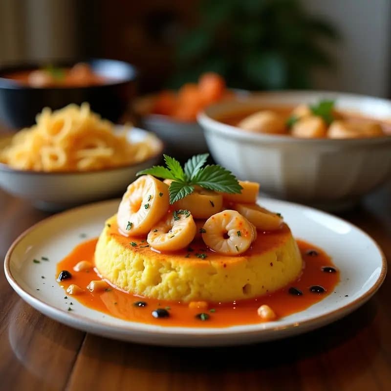 Plato hondo de barro con puré de yautía cremoso en forma de bolitas, bañado en un caldo de mariscos dorado con camarones grandes, cebolla morada y cilantro fresco. Receta tradicional puertorriqueña de mofongo de yautía y camarones.