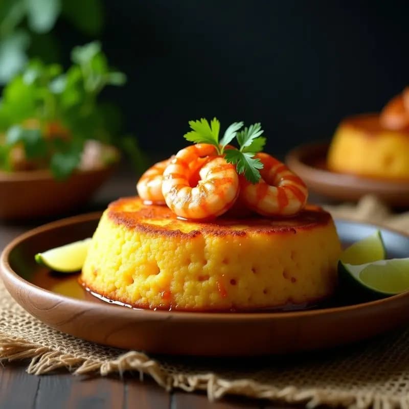 Plato de mofongo de yautía en forma de media esfera dorada, coronado con camarones rosados en salsa de ajo y jengibre, decorado con culantro fresco y rodajas de limón sobre un mantel de yute rústico.