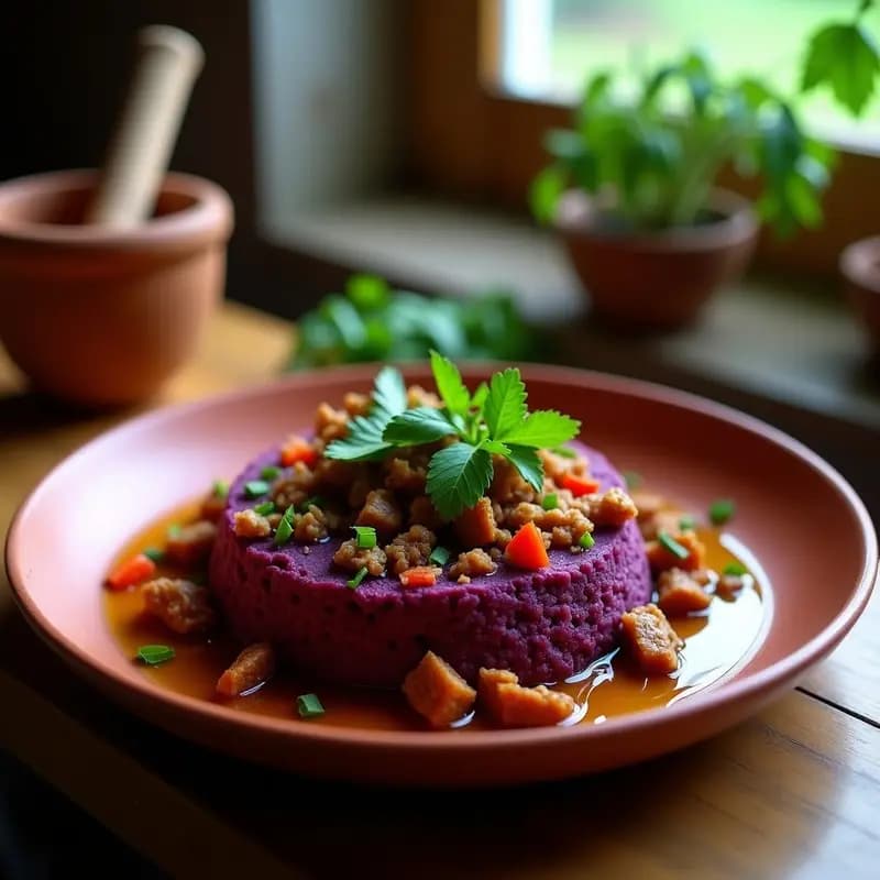 Plato de mofongo de yautía morada y chorizo vegano sin gluten, servido en fuente de barro con decoración de perejil y hojas de culantro, receta puertorriqueña tradicional.