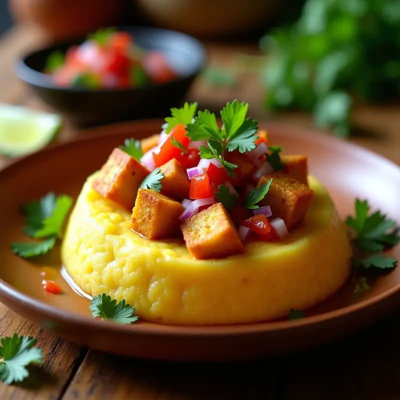 Plato de mofongo puertorriqueño de yautía y tofu crujiente: puré cremoso de yautía y plátano verde con tofu dorado y cilantro fresco, servido en bol rústico de madera.