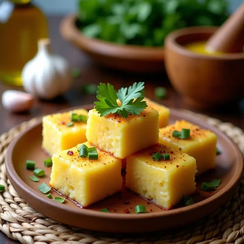 Mofongo de yuca y bacalao puertorriqueño servido en plato de barro, con textura rústica y acompañado de caldo de bacalao y culantro fresco picado.