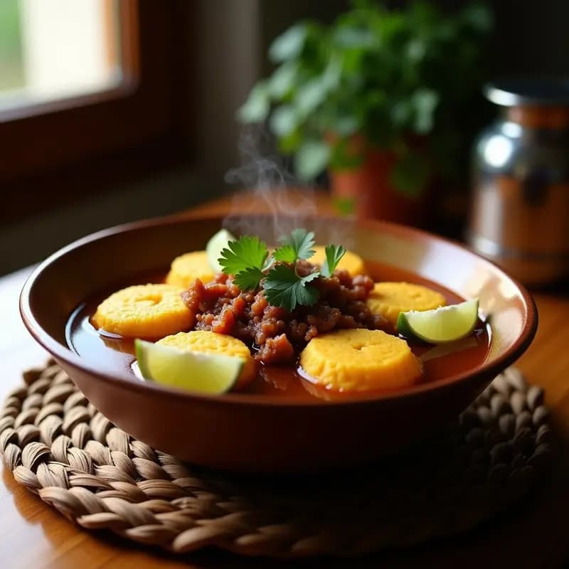 Plato hondo de barro con mofongo de yuca dorado, chicharrón crujiente y caldo de pollo amarillo espeso, decorado con cilantro fresco y gajos de limón verde. Receta tradicional puertorriqueña de mofongo con caldo de pollo.