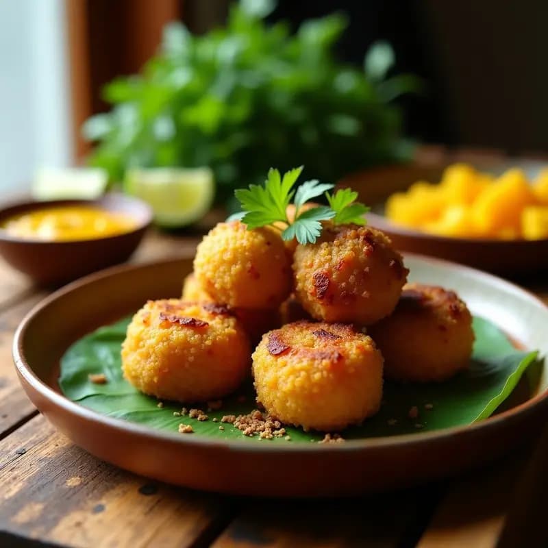 Plato de mofongo de yuca dorado con relleno de chicharrón de hongos portobello, acompañado de un cuenco con mojito de mango fresco y hojas de cilantro. Receta puertorriqueña vegana, crujiente por fuera y esponjosa por dentro.