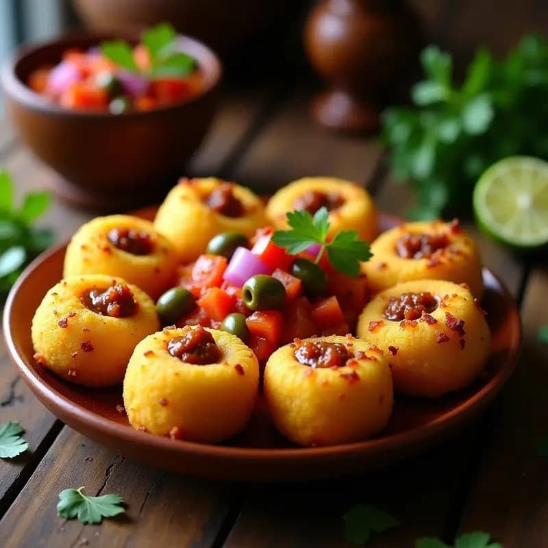 Plato de mofongo de yuca y chicharrón con salsa criolla puertorriqueña, porciones doradas y esponjosas bañadas en salsa fresca de cebolla morada, pimiento rojo y cilantro, servido en plato rústico de barro.