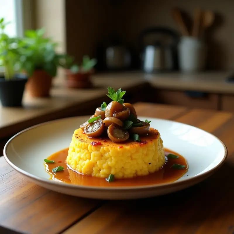 Mofongo de yuca y hongos portobello vegano servido en plato rústico de barro, con textura esponjosa y dorada, decorado con cilantro fresco y aceite de coco, acompañado de caldo de verduras en fondo borroso.