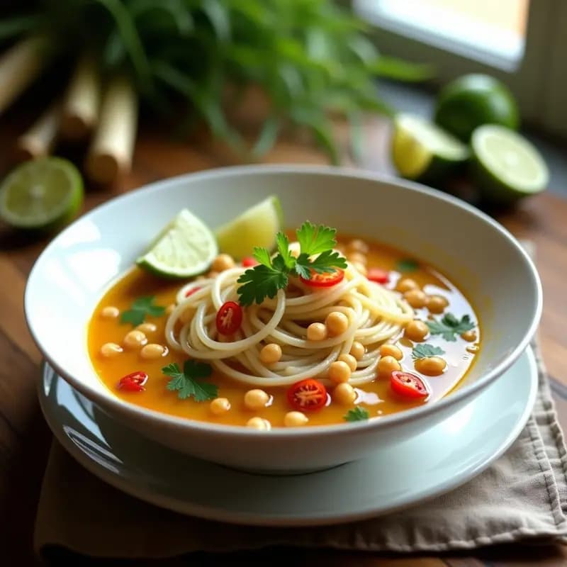 Bol hondo de cerámica blanca con mohinga birmana vegana: fideos de arroz sumergidos en un caldo dorado con garbanzos, tallos de lemongrass y hojas de cilantro. Decorado con rodajas de lima y chiles rojos al lado.