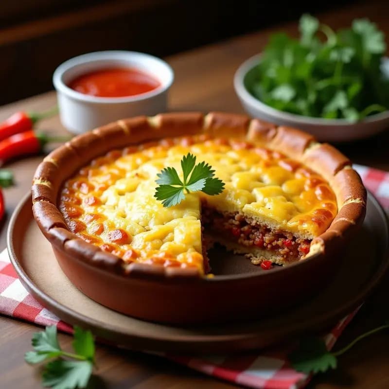 Pastel portugués Moinho de Vento dorado al horno, con capas visibles de masa de maíz y relleno de carne de cerdo, servido en fuente de barro con salsa de piri-piri al lado, decorado con hojas de laurel.