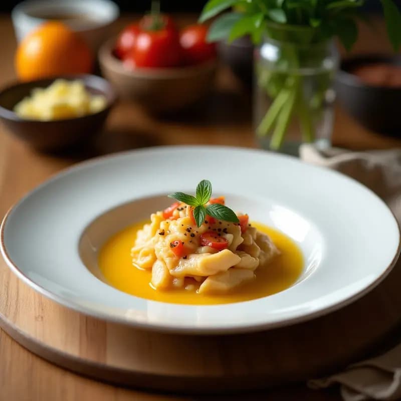 Mojete murciano servido en un bol de barro con bacalao desmenuzado, gajos de naranja sanguina, tomate en cubos, cebolla morada, pimiento verde, aceitunas negras y huevo duro picado. Aderezado con aceite de oliva y perejil fresco, sobre una mesa rústica con pan tostado al fondo.