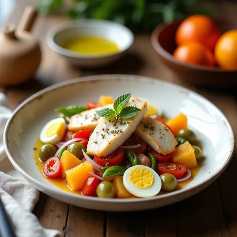 Plato hondo de cerámica blanca con mojete murciano: bacalao desmenuzado, gajos de naranja, tomate en cubos, cebolla morada, pimiento verde, aceitunas y huevo duro, aliñado con aceite de oliva y decorado con orégano.