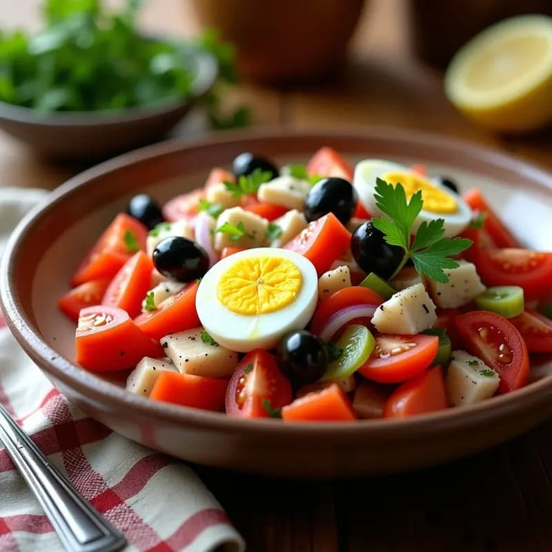 Plato hondo de barro con mojete murciano: ensalada tradicional de tomate en dados, cebolla morada en juliana, pimiento verde en tiras, bacalao desmenuzado, huevo duro picado y aceitunas negras, aliñado con aceite de oliva y perejil fresco.