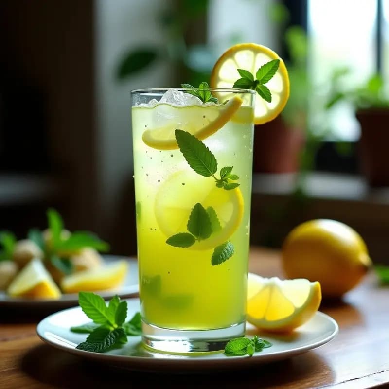 Vaso alto transparente con moji cubano desintoxicante: limonada verde con semillas de chía hidratadas, rodajas de limón y hojas de hierbabuena fresca, servida con hielo y burbujas visibles.
