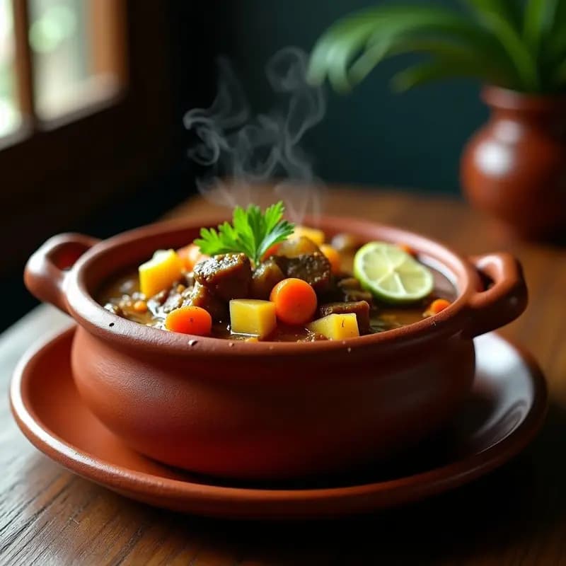Olla honda de barro con moji dominicano humeante: trozos de plátano macho verde, carne de res, yautía, ñame y zanahoria en un caldo dorado y aromático, decorado con hojas de hierbabuena y culantro fresco.