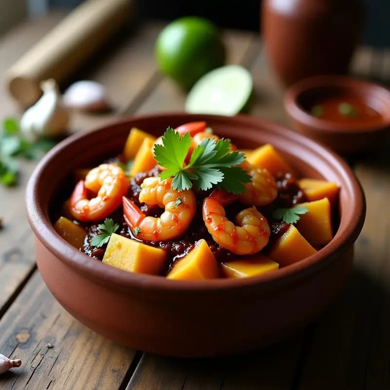 Plato hondo de barro con moji de yuca y camarones cubano, trozos dorados de yuca, camarones jugosos bañados en salsa oscura de ajo y cerveza negra, decorado con cilantro fresco y rodajas de limón verde sobre fondo rústico de madera.