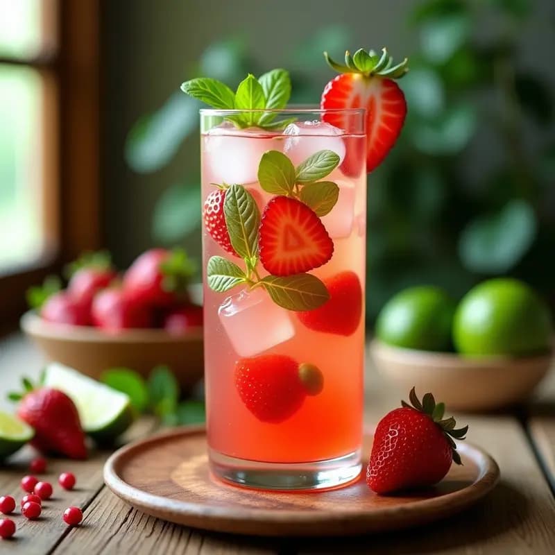 Vaso alto transparente con mojito de fresa y albahaca, decorado con rodajas de fresa y hojas de albahaca fresca, lleno de hielo y burbujas, sobre fondo de madera rústica con limones verdes y pimienta rosa al lado.