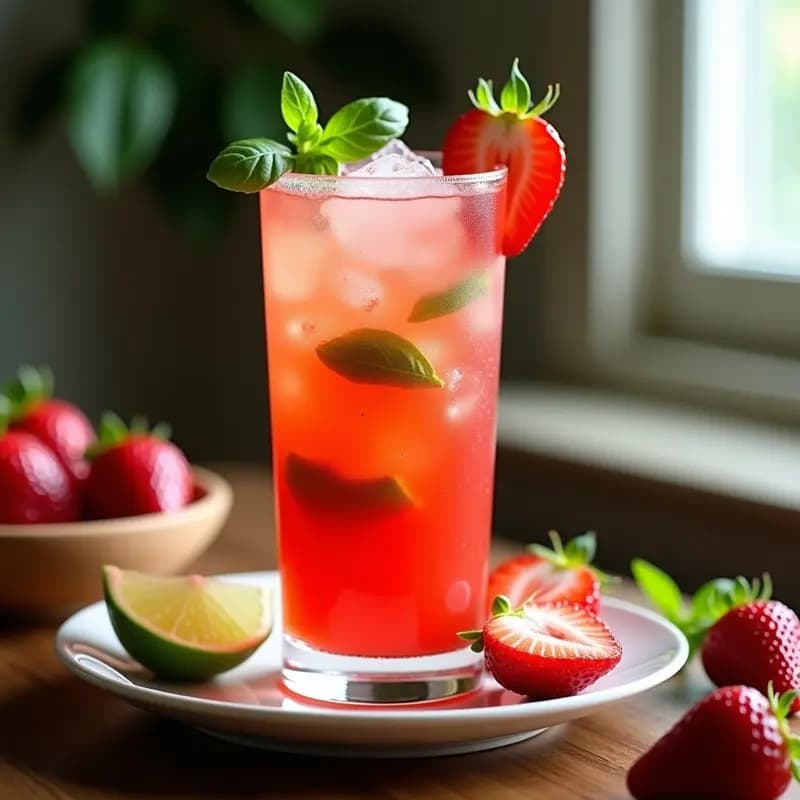 Vaso alto transparente con Mojito de Fresa y Albahaca sin Alcohol, lleno de hielo picado, rodajas de fresas frescas, hojas de albahaca y burbujas de agua con gas, decorado con una rodaja de lima y pimienta rosa. Fondo de mesa de madera rústica con luz natural veraniega.