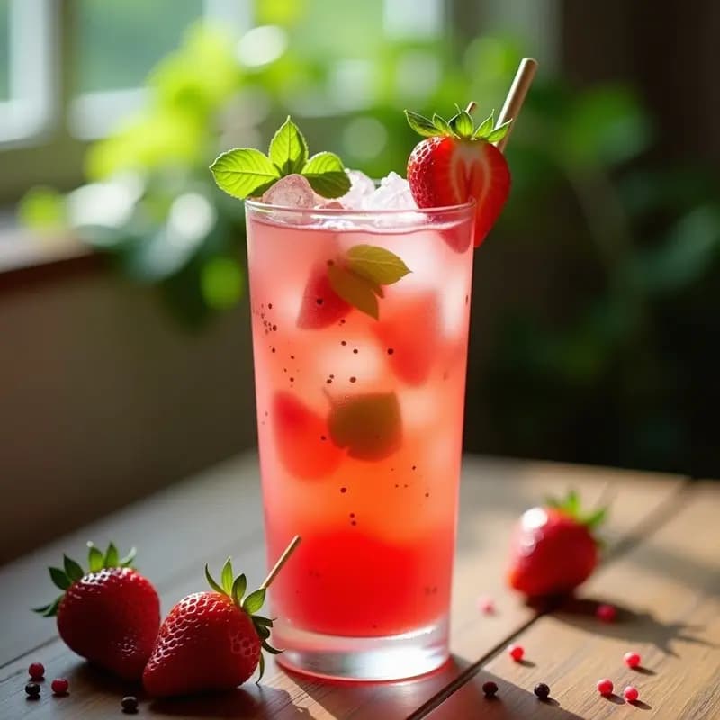 Copa alta de cristal con Mojito de Fresas y Albahaca sin alcohol, decorada con láminas de fresa, hojas de albahaca y pimienta rosa, sobre fondo de mesa rústica con luz natural.