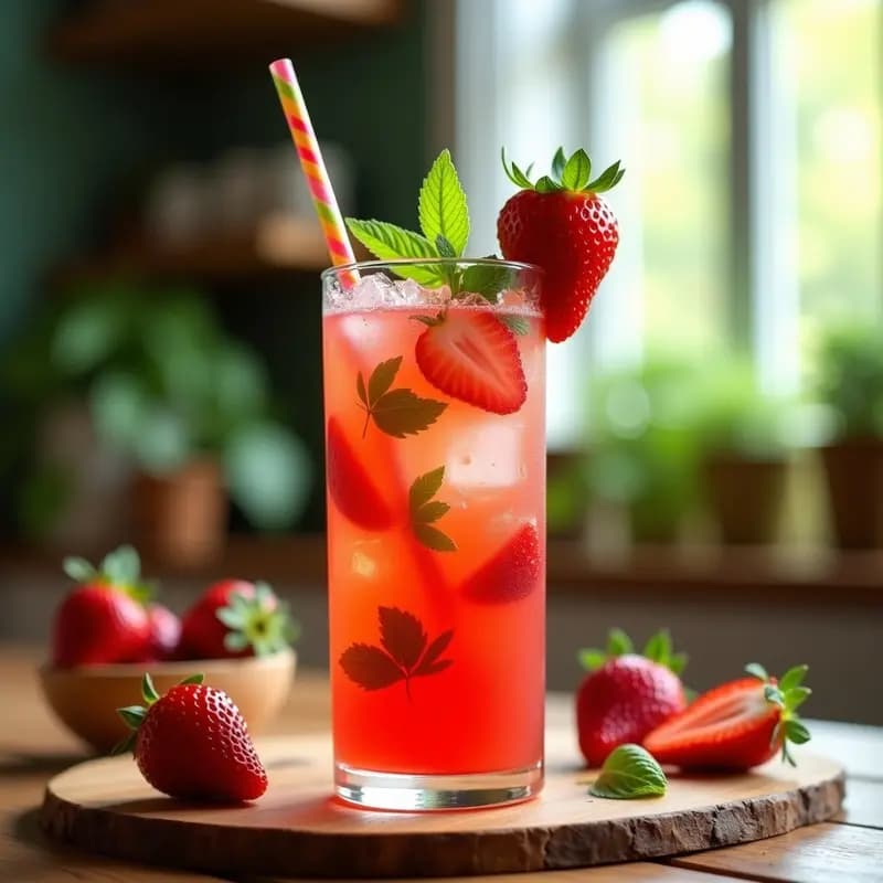 Vaso alto transparente con Mojito de Fresas con Hierbabuena, lleno de hielo picado, trozos de fresas frescas y hojas de hierbabuena, decorado con una pajita. Bebida veraniega sin alcohol para niños, refrescante y colorida.
