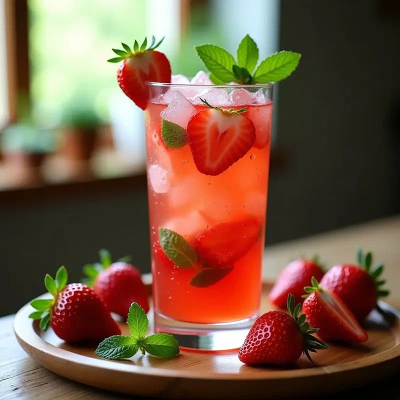 Vaso alto transparente con mojito de fresas y menta sin alcohol, decorado con rodajas de fresa, hojas de menta fresca y hielo picado, sobre fondo de madera rústica con luz natural.