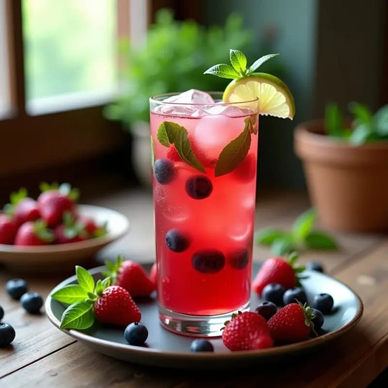 Vaso alto transparente con mojito de frutos rojos y albahaca sin azúcar, decorado con rodajas de limón verde y hojas de albahaca fresca, con hielo brillante y burbujas de agua con gas, sobre una mesa rústica de madera con frutos rojos dispersos y luz natural.