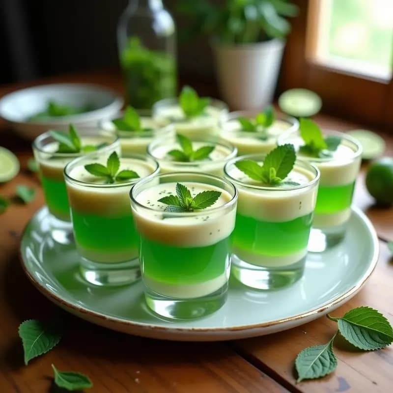 Vasitos transparentes con gelatina de mojito en capas: base transparente, capa verde con hierbabuena y capa cremosa de leche condensada, decorados con hojas de hierbabuena y rodajas de lima. Postre cubano sin horno, fresco y viral.