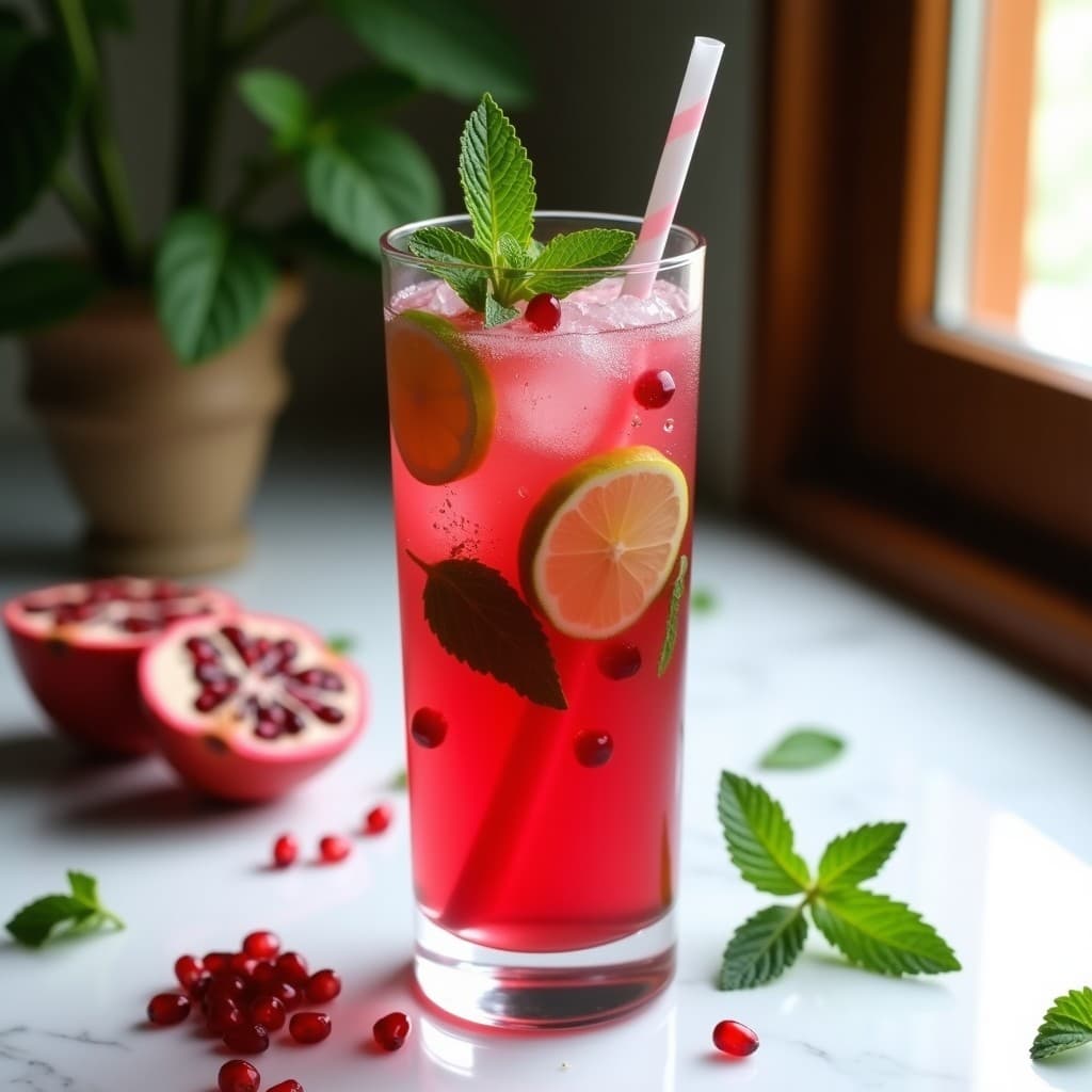 Vaso alto transparente con mojito de granada sin azúcar, decorado con hojas de menta, rodajas de limón verde y semillas de granada, sobre fondo blanco con hielo brillando.