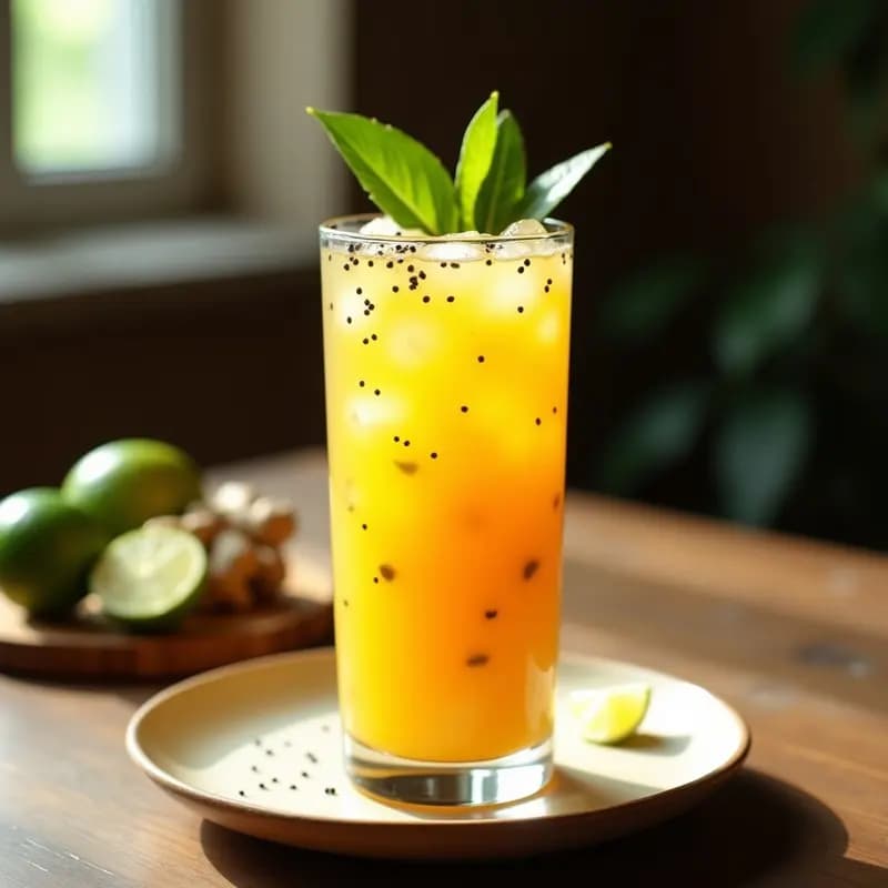 Vaso alto de cristal con mojito de maracuyá y hierbabuena, decorado con semillas de chía y hojas frescas, sobre una mesa rústica con fondo de luz natural y limones verdes.