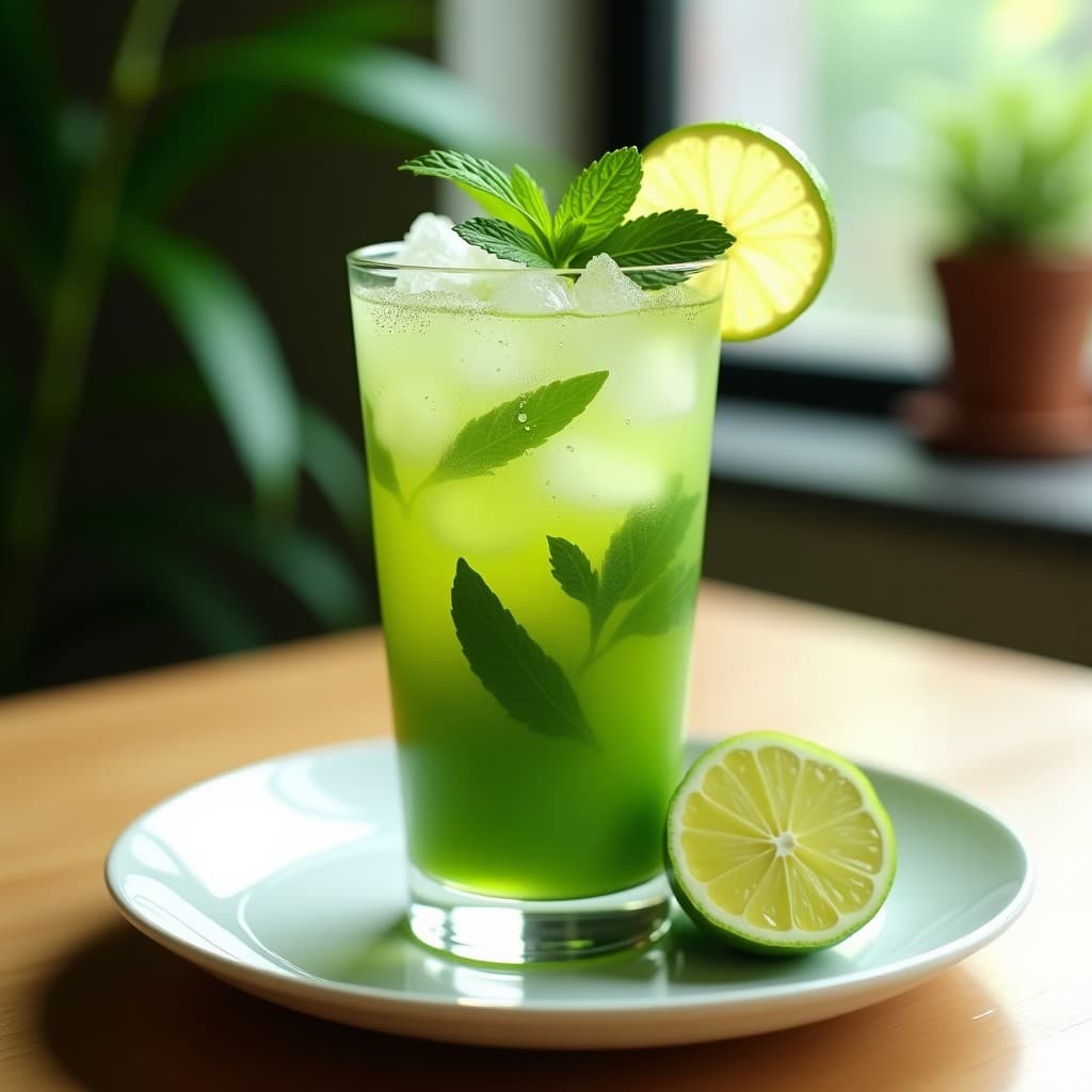 Vaso alto transparente con Mojito de Matcha con Limón Verde y Soda, lleno de hielo picado, hierbabuena fresca, rodaja de limón verde y un tono verde vibrante del matcha. Bebida energizante y detox sin alcohol sobre fondo claro con gotas de condensación.