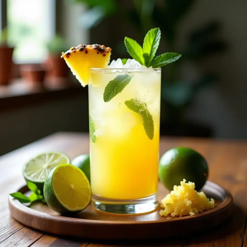 Vaso alto de cristal con mojito de piña y jengibre sin alcohol, decorado con hoja de hierbabuena y rodaja de piña, lleno de hielo y burbujas, sobre fondo de madera rústica con limones verdes y jengibre fresco alrededor.
