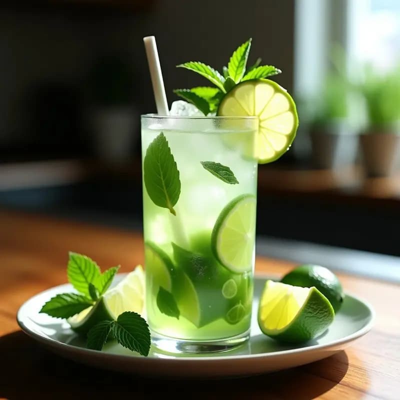 Vaso alto de cristal con mojito sin azúcar, decorado con rodajas de limón y hojas de menta fresca, servido con hielo picado y una pajita.