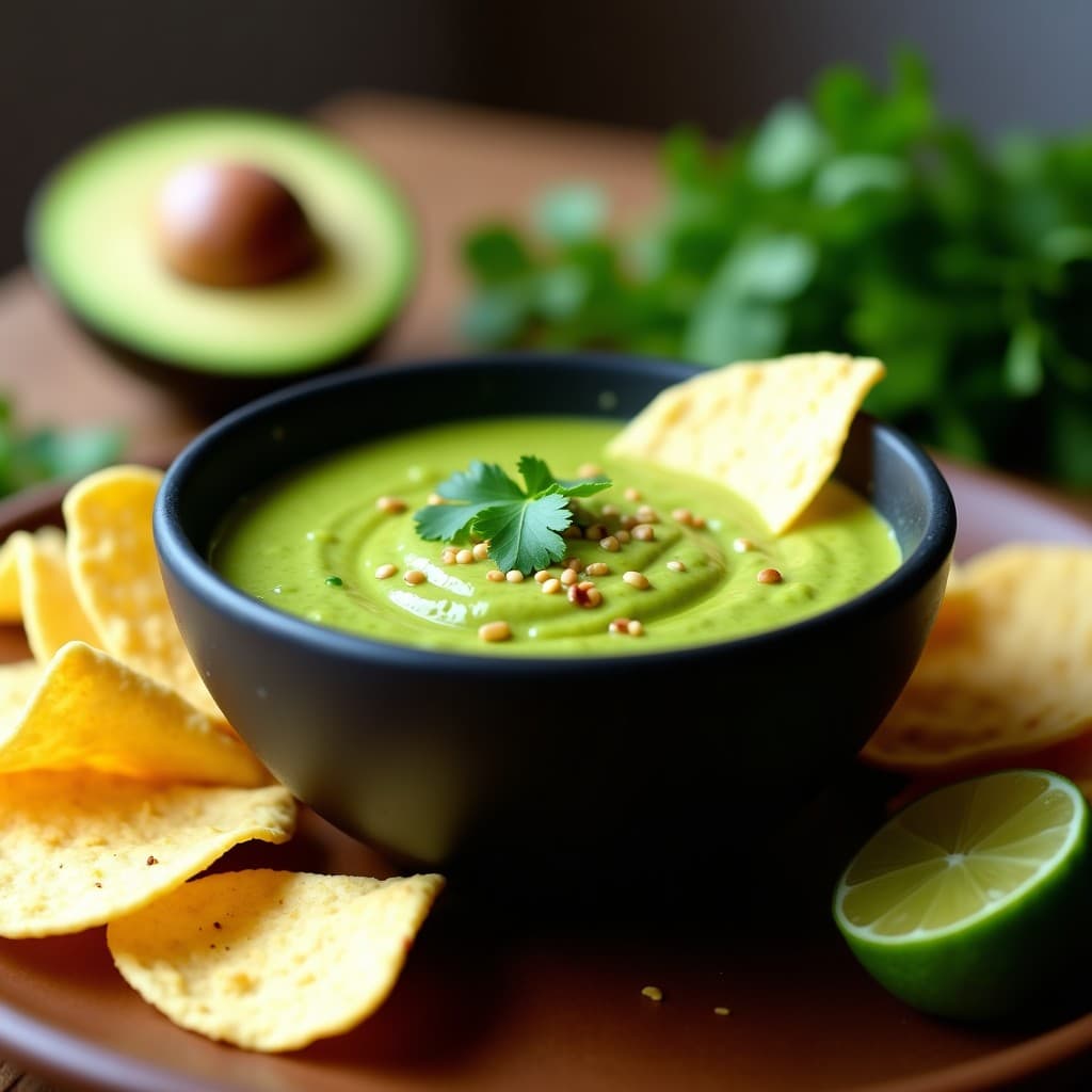 Cuenco de cerámica negra con mojo de cilantro y aguacate, salsa vegana peruana cremosa de color verde vibrante, decorada con semillas de sésamo y hojas de cilantro fresco, acompañada de totopos de maíz y rodajas de limón sutil.