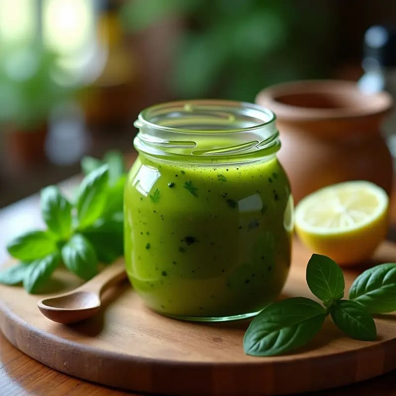 Tazón de cerámica blanca con mojo de cilantro y albahaca colombiano, de color verde vibrante, decorado con juliana de cebolla morada y hojas frescas. Acompañado de trozos de carne asada y limones tahití al fondo sobre una mesa de madera rústica.