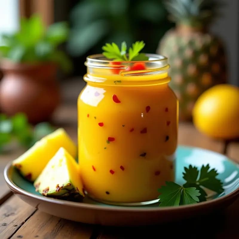 Tarro de vidrio transparente con mojo de piña y chile habanero, salsa caribeña de color amarillo dorado con trocitos de piña y almendras visibles, acompañado de una cuchara de madera y rodajas de limón verde sobre fondo rústico de madera.