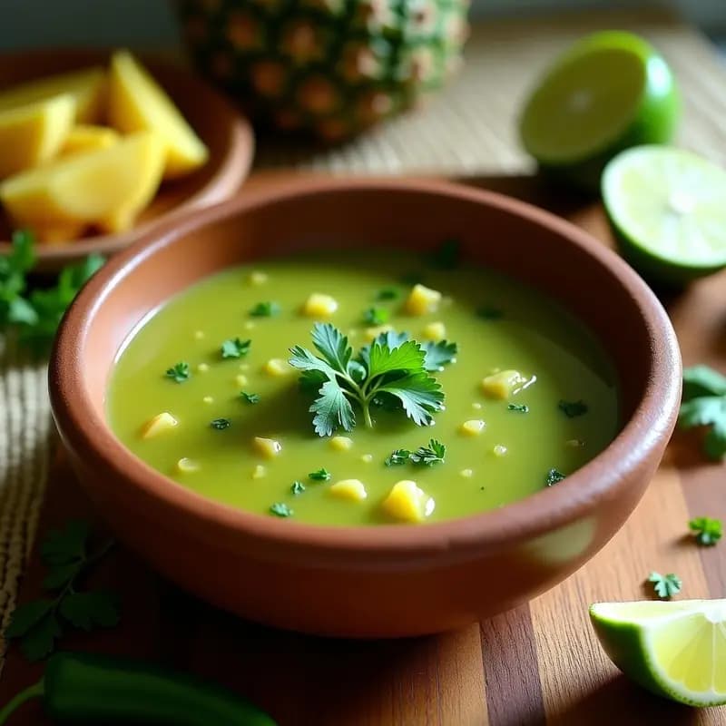Cuenco de barro rústico con mojo de piña y cilantro, salsa caribeña de color verde vibrante con trocitos de piña fresca y hojas de cilantro. Fondo con limas cortadas y chiles habaneros. Ideal para acompañar carnes y pescados.