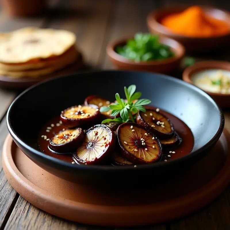Plato hondo de cerámica negra con mole negro espeso y brillante, hongos portobello asados en láminas gruesas bañados en la salsa, decorado con semillas de sésamo tostadas y hojas de cilantro fresco. Al fondo, tortillas de maíz azul y una cuchara de madera. Receta de mole negro de hongos portobello y chocolate 85%.