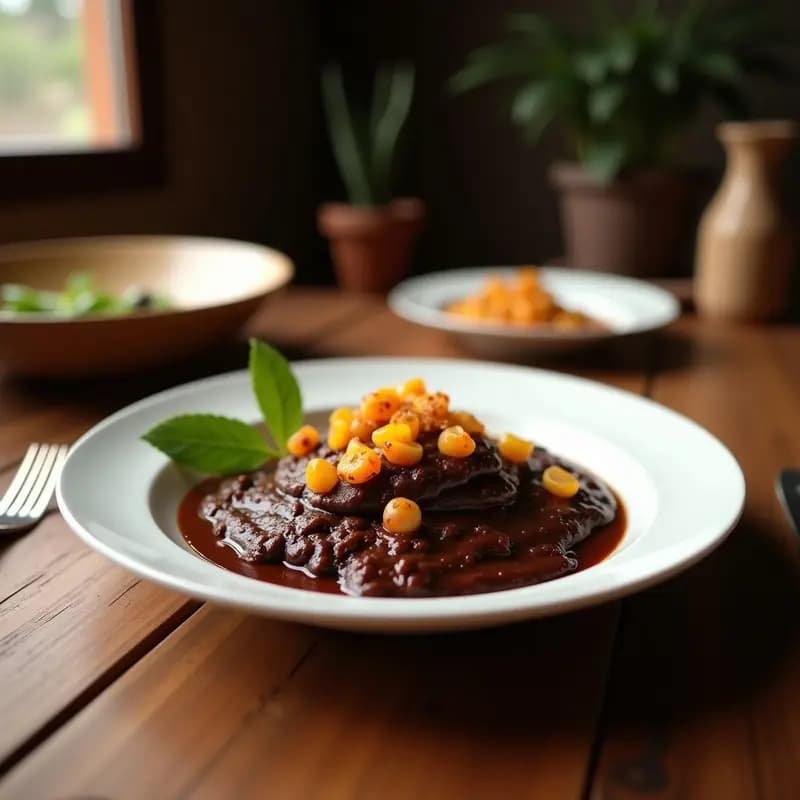 Plato hondo de barro con mole negro oaxaqueño espeso y brillante, cubierto de trozos de pollo dorado, decorado con semillas de sésamo y hojas de hierba santa. Fondo con tortillas de maíz y arroz blanco.